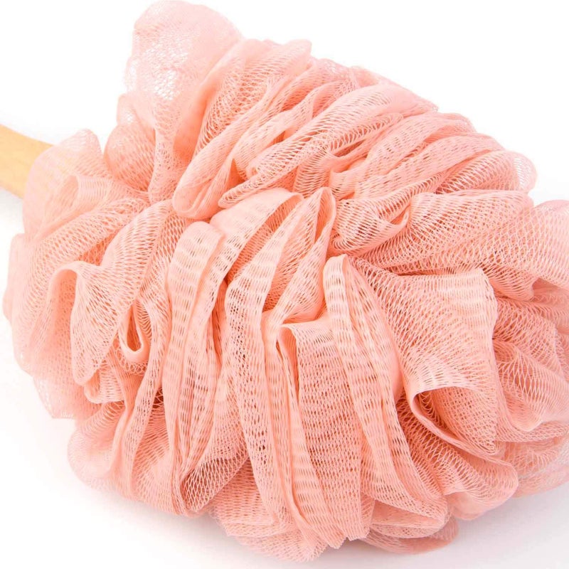 أرسوين Arswin Loofah Back Scrubber للاستحمام، فرشاة استحمام خشبية ذات مقبض طويل Lufa، فرشاة تنظيف خلفية شبكية من النايلون الناعم، للنساء والرجال، وسادة لوفا مقشرة على عصا للجسم (وردي) - Image 4